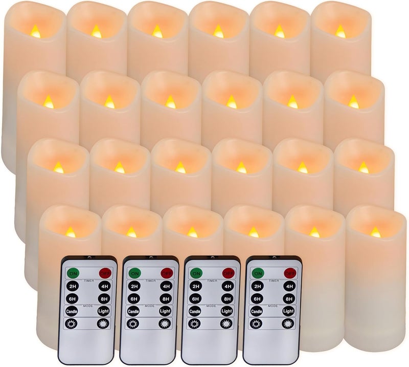 Aignis 24pcs Flameless LED Candles Battery Operated with 10-Key Remote Timer, Outdoor Waterproof Electric Lights, Warm Flickering Glow for Cozy Home/Wedding/Holiday Décor (D2.2'' x H4''/5''/6''/7'') - Image 1